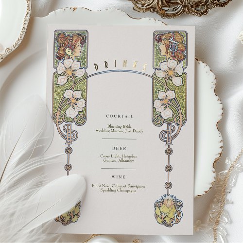 Vintage Art Nouveau Wedding Drinks Menu Card