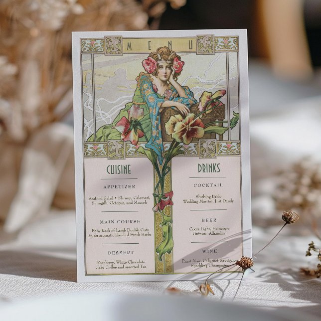 Vintage Art Nouveau Wedding Menu & Drinks Card | Zazzle