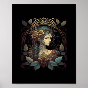 Vintage Art Nouveau Whimsigoth Woman In Teal And W Poster