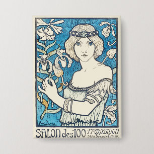 Vintage Art Nouveau Woman Blue Floral Poster Print Button
