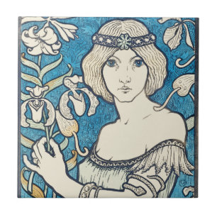 Vintage Art Nouveau Woman Blue Floral Poster Print Ceramic Tile