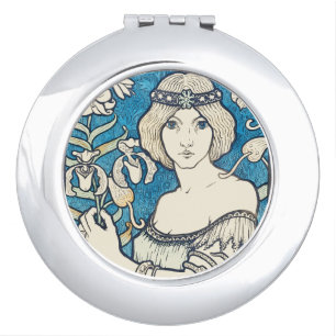 Vintage Art Nouveau Woman Blue Floral Poster Print Compact Mirror