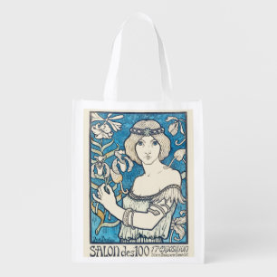 Vintage Art Nouveau Woman Blue Floral Poster Print Grocery Bag