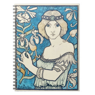 Vintage Art Nouveau Woman Blue Floral Poster Print Notebook