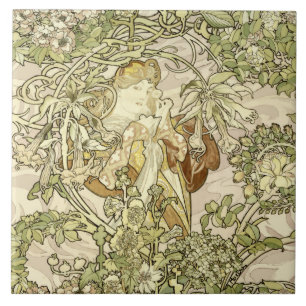 Vintage Art Nouveau Woman Floral Pattern by Mucha Ceramic Tile