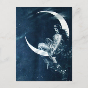Vintage Art Nouveau Woman on Crescent Moon Postcard