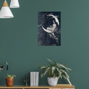 Vintage Art Nouveau Woman on Crescent Moon Poster