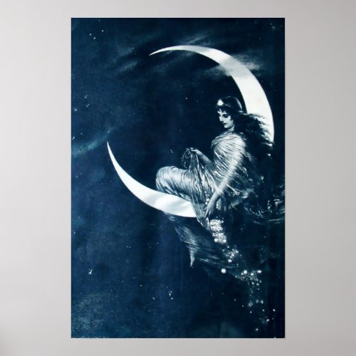 Vintage Art Nouveau Woman on Crescent Moon Poster