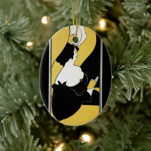 Vintage Art Nouveau, Woman Reading a Yellow Book Ceramic Ornament