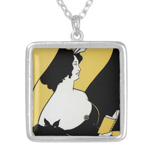 Vintage Art Nouveau Woman Reading a Yellow Book Silver Plated Necklace
