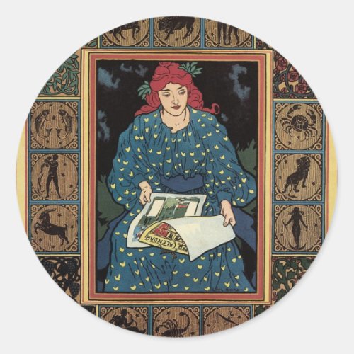Vintage Art Nouveau Woman Reading Astrology Book Classic Round Sticker
