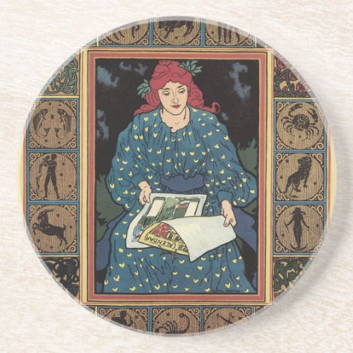 Vintage Art Nouveau Woman Reading Astrology Book Drink Coaster