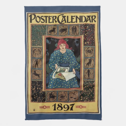 Vintage Art Nouveau Woman Reading Astrology Book Kitchen Towel