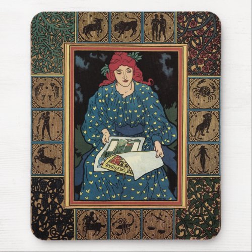 Vintage Art Nouveau Woman Reading Astrology Book Mouse Pad