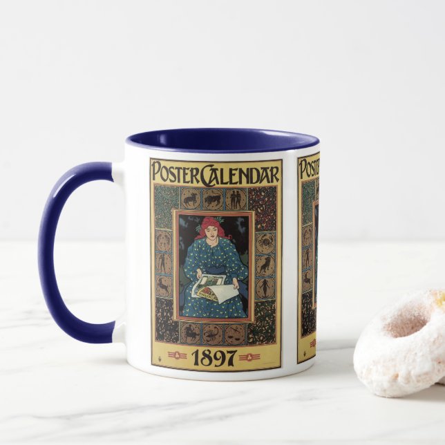 Vintage Art Nouveau, Woman Reading Astrology Book Mug (With Donut)