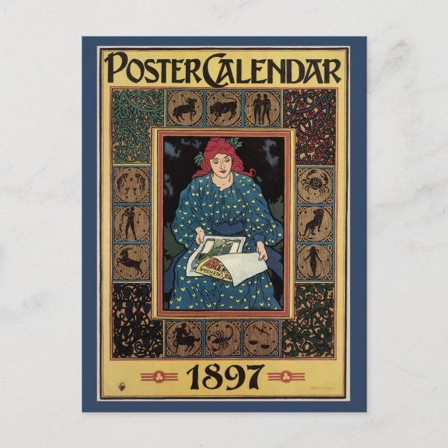 Vintage Art Nouveau, Woman Reading Astrology Book Postcard (Front)