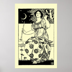 Vintage Art Nouveau Woman With Clarinet and Moon Poster