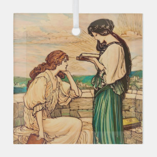 Vintage Art Nouveau Women Reading by the Sea Glass Ornament