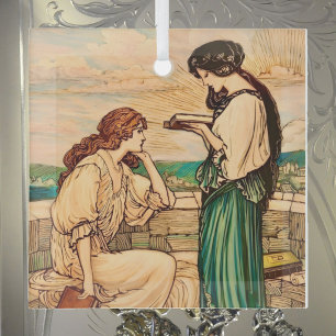 Vintage Art Nouveau Women Reading by the Sea Glass Ornament