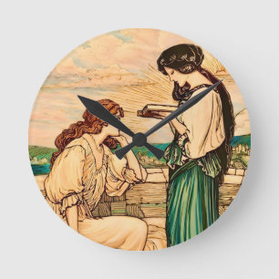 Vintage Art Nouveau Women Reading by the Sea  Round Clock