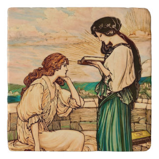 Vintage Art Nouveau Women Reading by the Sea  Trivet