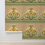 Vintage Art Nouveau Yellow Bouquets Medallion Deco Wallpaper<br><div class="desc">Art Nouveau style. Alternating large and small stylized green scroll medallions. Inside the large medallions are large bouquets of yellow flowers. There is a singular flower in each small medallion.</div>