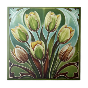 Vintage Art Nouveau yellow Tulips Floral  Ceramic Tile