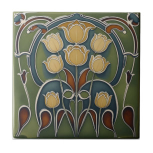Vintage Art Nouveau yellow Tulips Floral Ceramic Tile