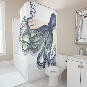 VINTAGE ART OCTOPUS PRINT - DELFT BLUE SHOWER CURTAIN