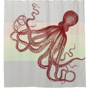 VINTAGE ART OCTOPUS PRINT SHOWER CURTAIN