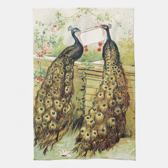 Vintage art peacocks carrying a message, gifts towel (Vertical)