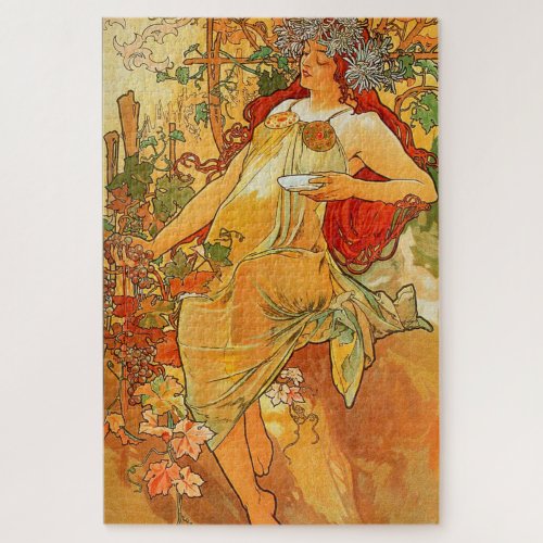 Vintage Art Poster Autumn by Alphonse Mucha Jigsaw Puzzle