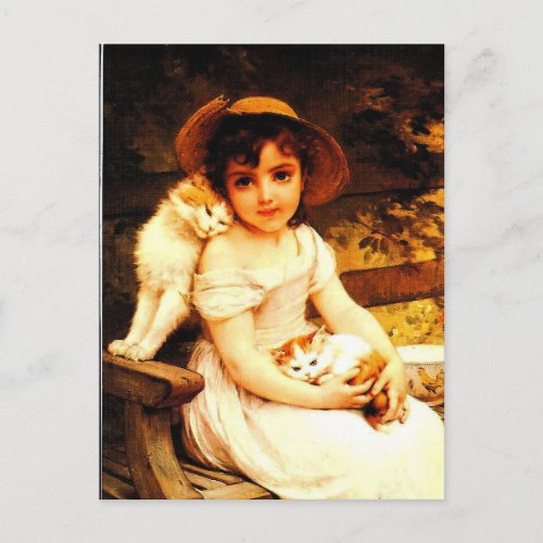 Vintage Art Print Girl with Kittens by Munier Postcard