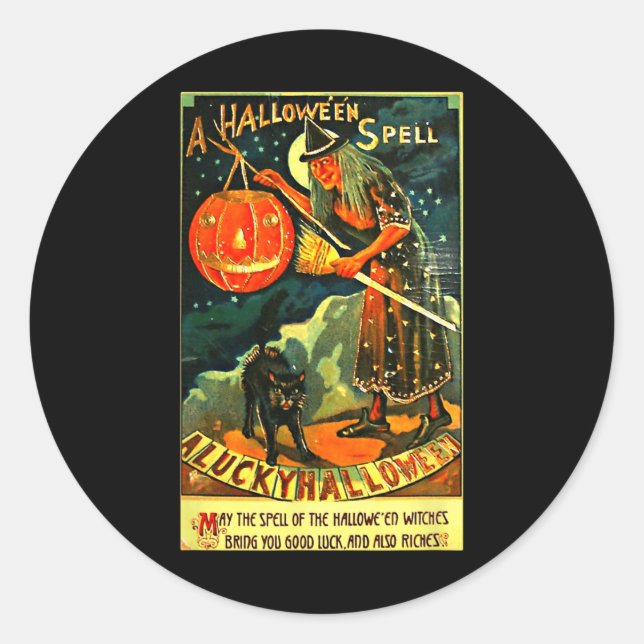 Vintage Art Retro Halloween Witch  Classic Round Sticker (Front)