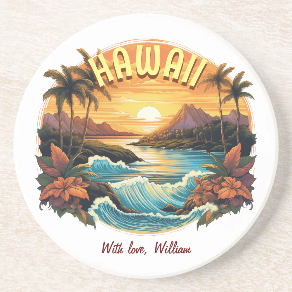 Vintage Art Sunset at Hawaii Beach Mountains