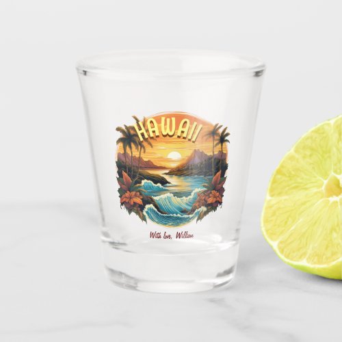 Vintage Art Sunset at Hawaii Beach Mountains Shot Glass