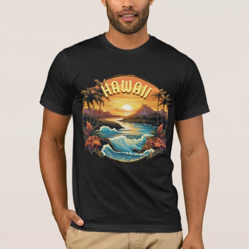 Vintage Art Sunset at Hawaii Beach Mountains T_Shirt