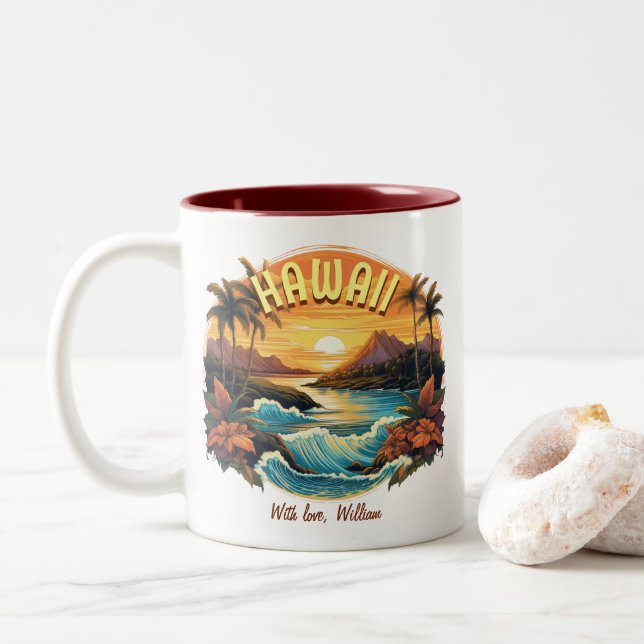 Vintage Art Sunset at Hawaii Beach Mountains Two-Tone Coffee Mug (With Donut)