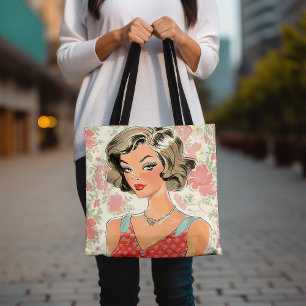 Vintage Art Tote Bag, Retro Fashion Illustration Bag