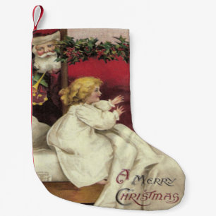 Vintage Art Victorian Girl with Santa Small Christmas Stocking