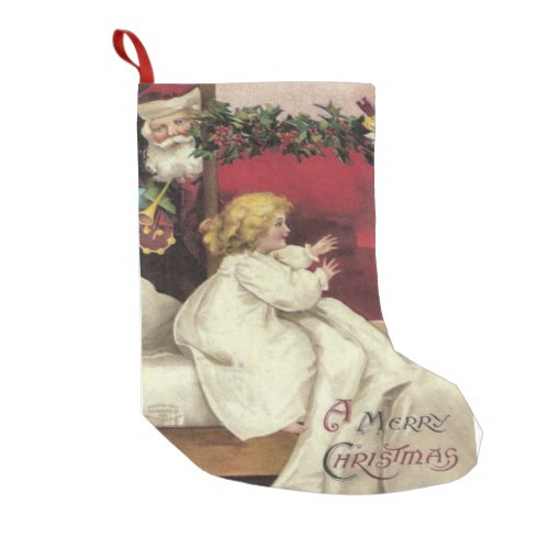 Vintage Art Victorian Girl with Santa Small Christmas Stocking