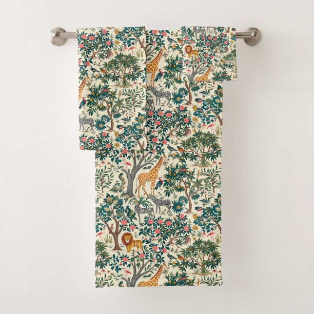 Vintage art, zebras giraffes, flamingo, birds, lio bath towel set (Insitu)