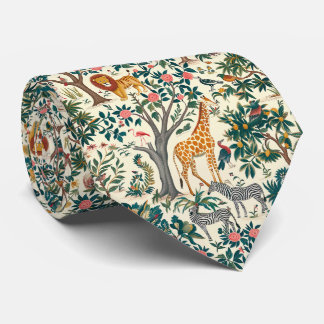 Vintage art, zebras giraffes, flamingo, birds, lio neck tie