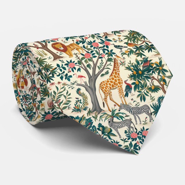 Vintage art, zebras giraffes, flamingo, birds, lio neck tie (Rolled)