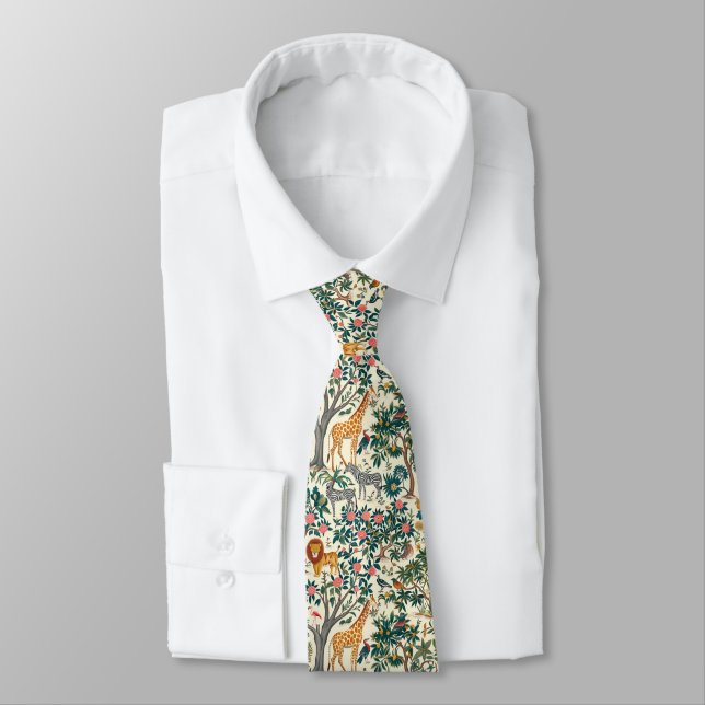Vintage art, zebras giraffes, flamingo, birds, lio neck tie (Tied)