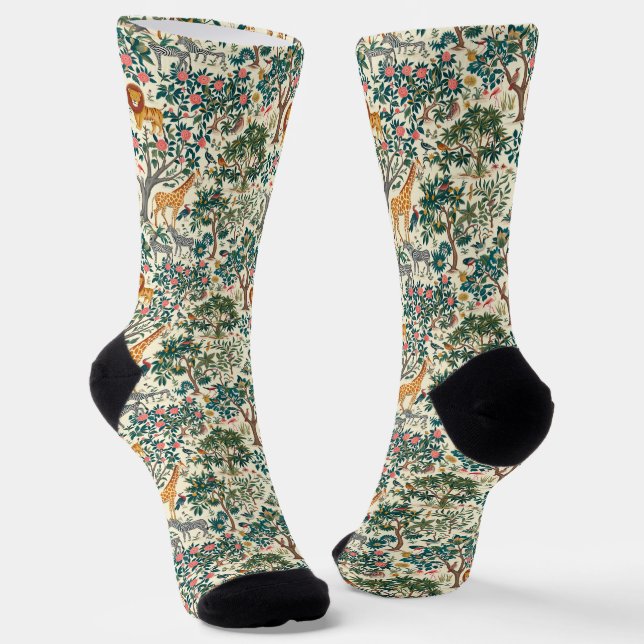 Vintage art, zebras giraffes, flamingo, birds, lio socks (Angled)