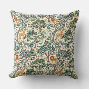 Vintage art, zebras giraffes, flamingo, birds, lio throw pillow