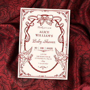 Vintage artistic red bow baroque baby shower invitation