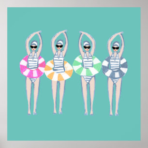 Vintage Artistic Swimming Swimmers Swim Ring Pool  Poster