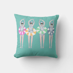 Vintage Artistic Swimming Swimmers Swim Ring Pool Throw Pillow